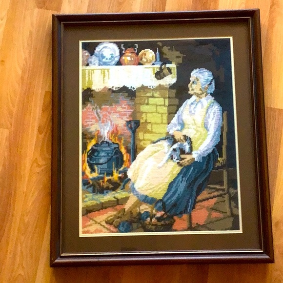 Old Woman By The Fire Knitting Painting - Picture 1 of 1